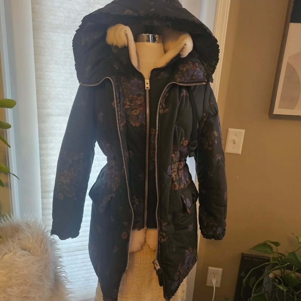Coach Black Quilted Puffer Jacket with Purple Floral Print - Picture 2 of 6